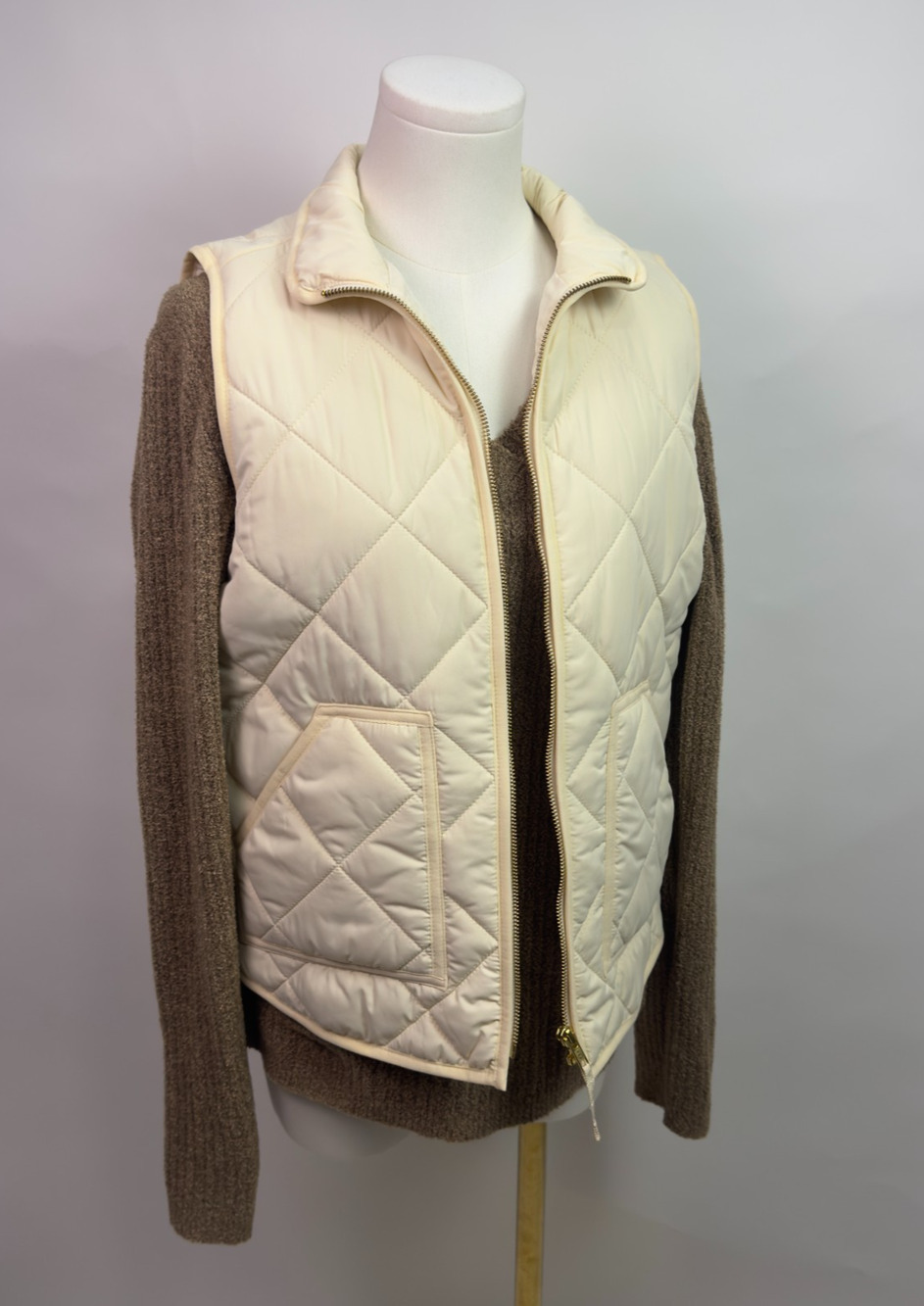 J. Crew Quilted Puffer Vest | Cream Beige Gold | Old Money Outfit | Ski Resort